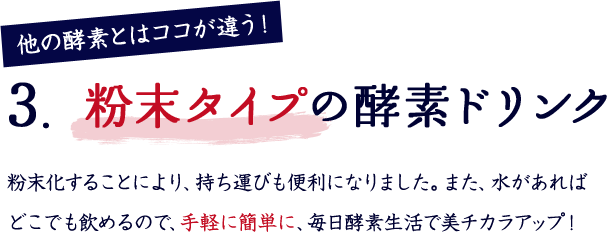 他の酵素とはココが違う！ 3. 粉末タイプの酵素ドリンク 粉末化することにより、持ち運びも便利になりました。また、水があればどこでも飲めるので、手軽に簡単に、毎日酵素生活で美チカラアップ！